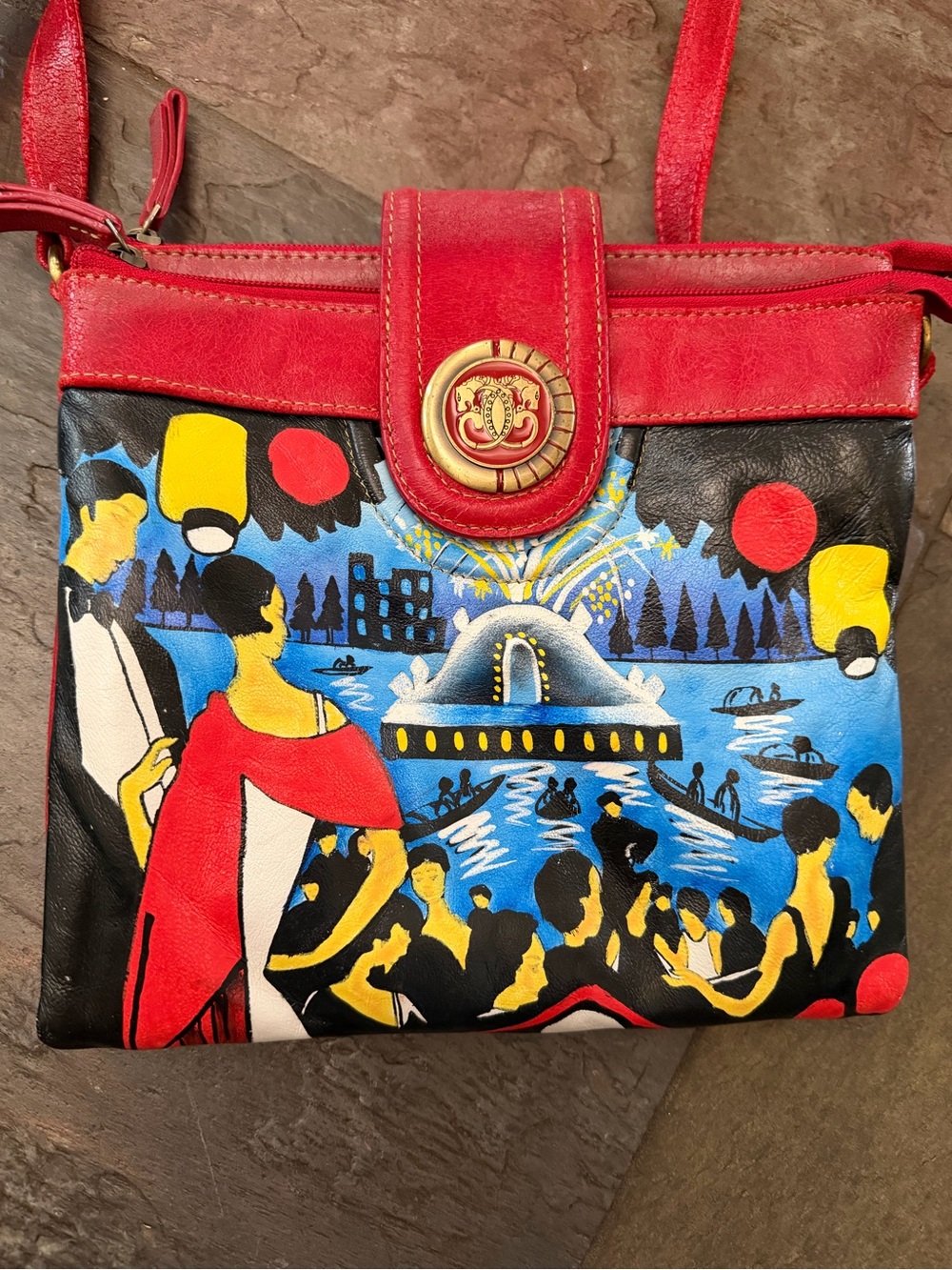Sharif  New York Hand-Painted Red Leather Crossbody Bag with Festival Scene